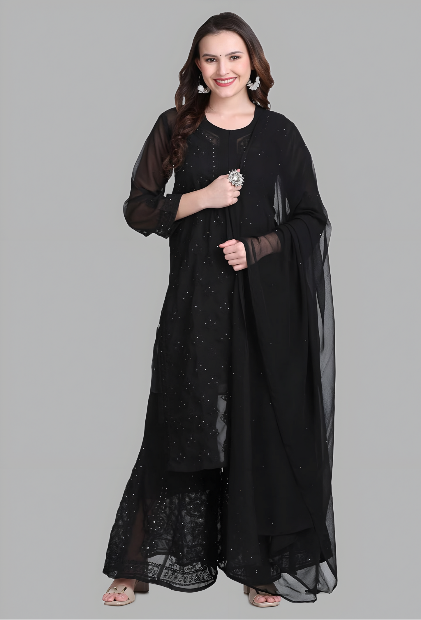 Hala Georgette Muquesh Embellishments Kurta, Sharara & Dupatta Set With Matching Cotton inner