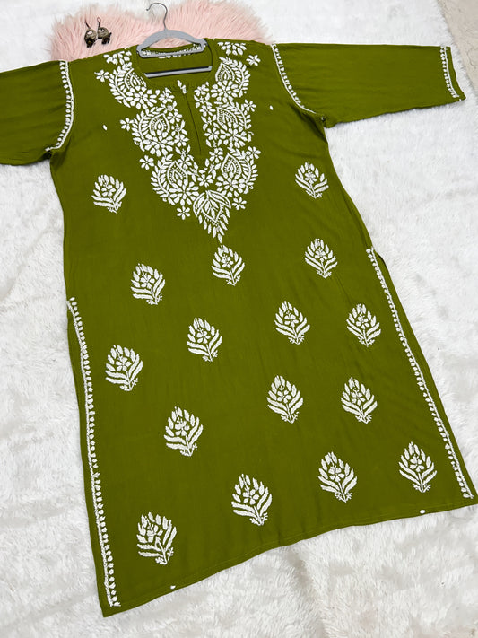 green rayon plus size chikankari kurti 1