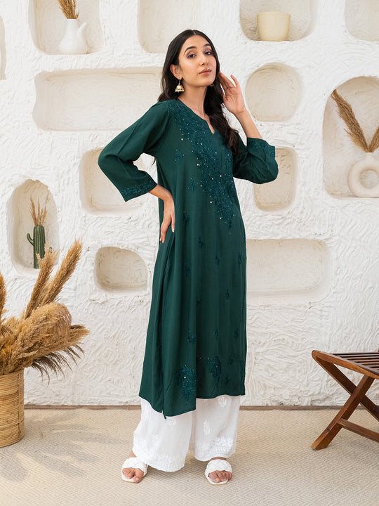 Bottle Green Tuba Rayon kurti with Muquesh Work