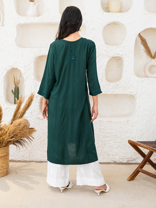 Bottle Green Tuba Rayon kurti with Muquesh Work