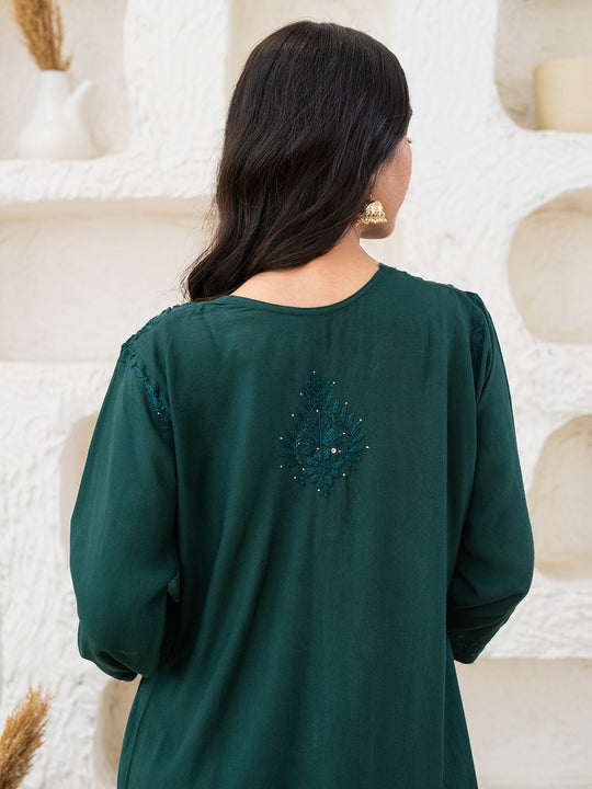 Bottle Green Tuba Rayon kurti with Muquesh Work