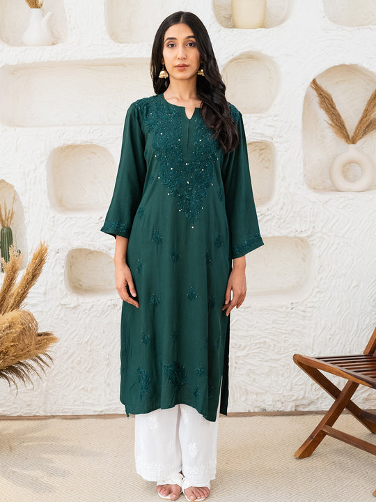 Bottle Green Tuba Rayon kurti with Muquesh Work