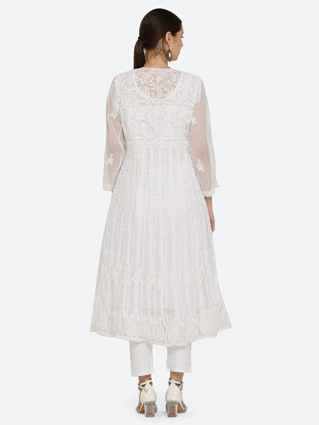 Gauhar Chiffon Georgette Chikankari Flared Anarkali Kurti with Cotton Stretchable Lycra Pant & Matching Cotton Inner