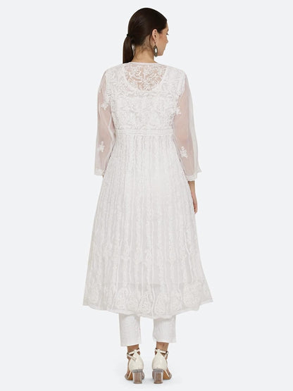 Gauhar Chiffon Georgette Chikankari Flared Anarkali Kurti with Cotton Stretchable Lycra Pant & Matching Cotton Inner