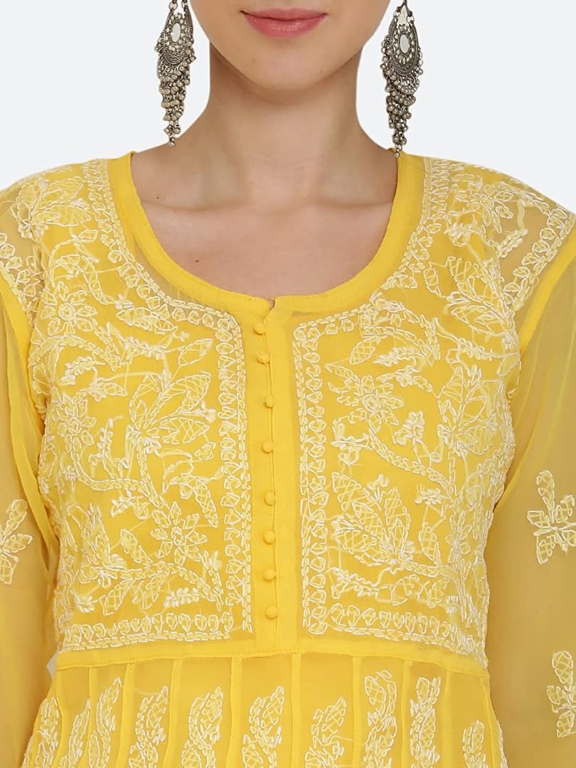Yellow Gauhar Chiffon Georgette Chikankari Flared Anarkali Kurti with Cotton Stretchable Lycra Pant &amp; Matching Cotton Inner ( 3 Pcs Set)
