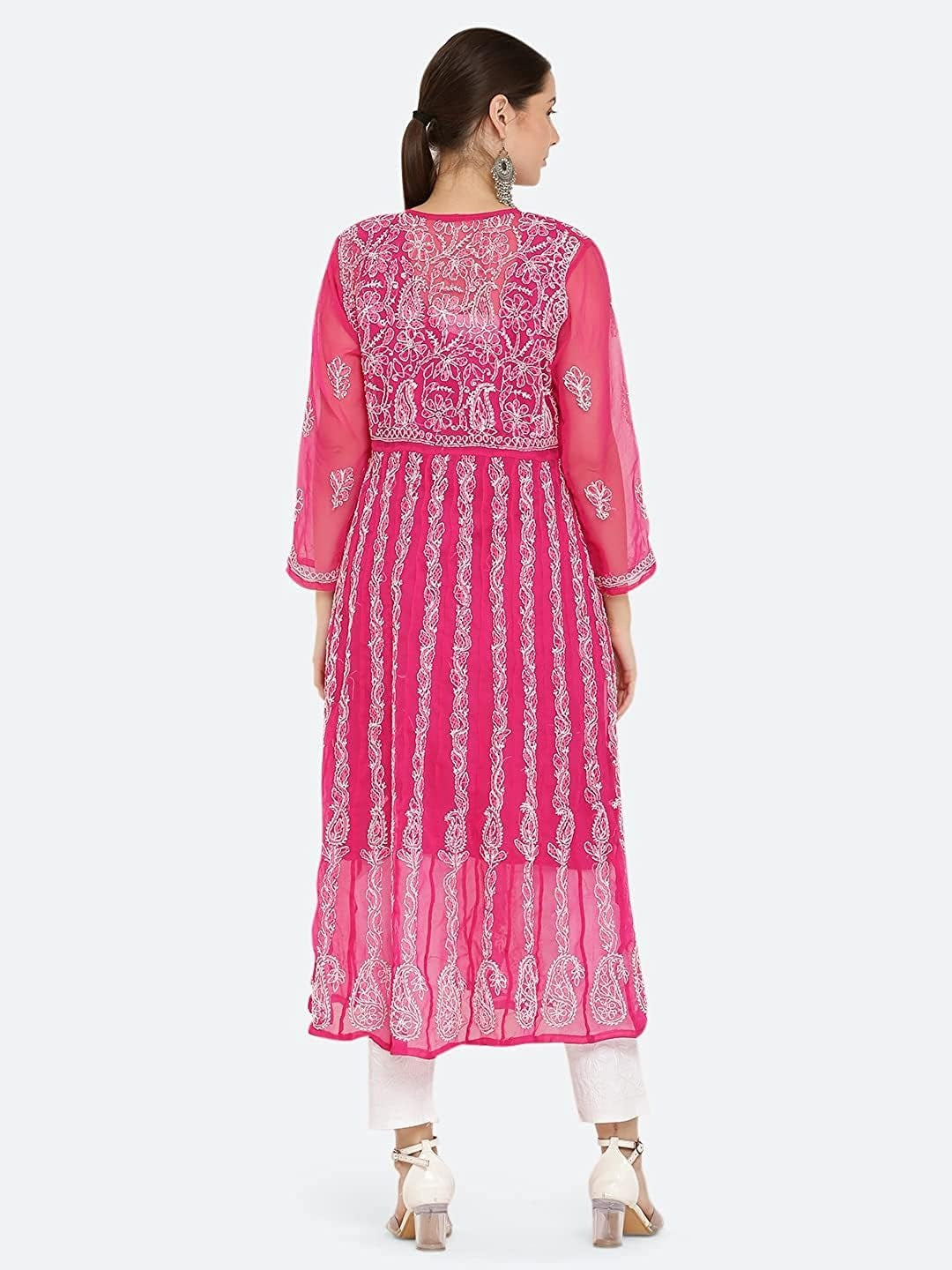 Magenta Gauhar Chiffon Georgette Chikankari Flared Anarkali Kurti with Cotton Stretchable Lycra Pant &amp; Matching Cotton Inner ( 3 Pcs Set)