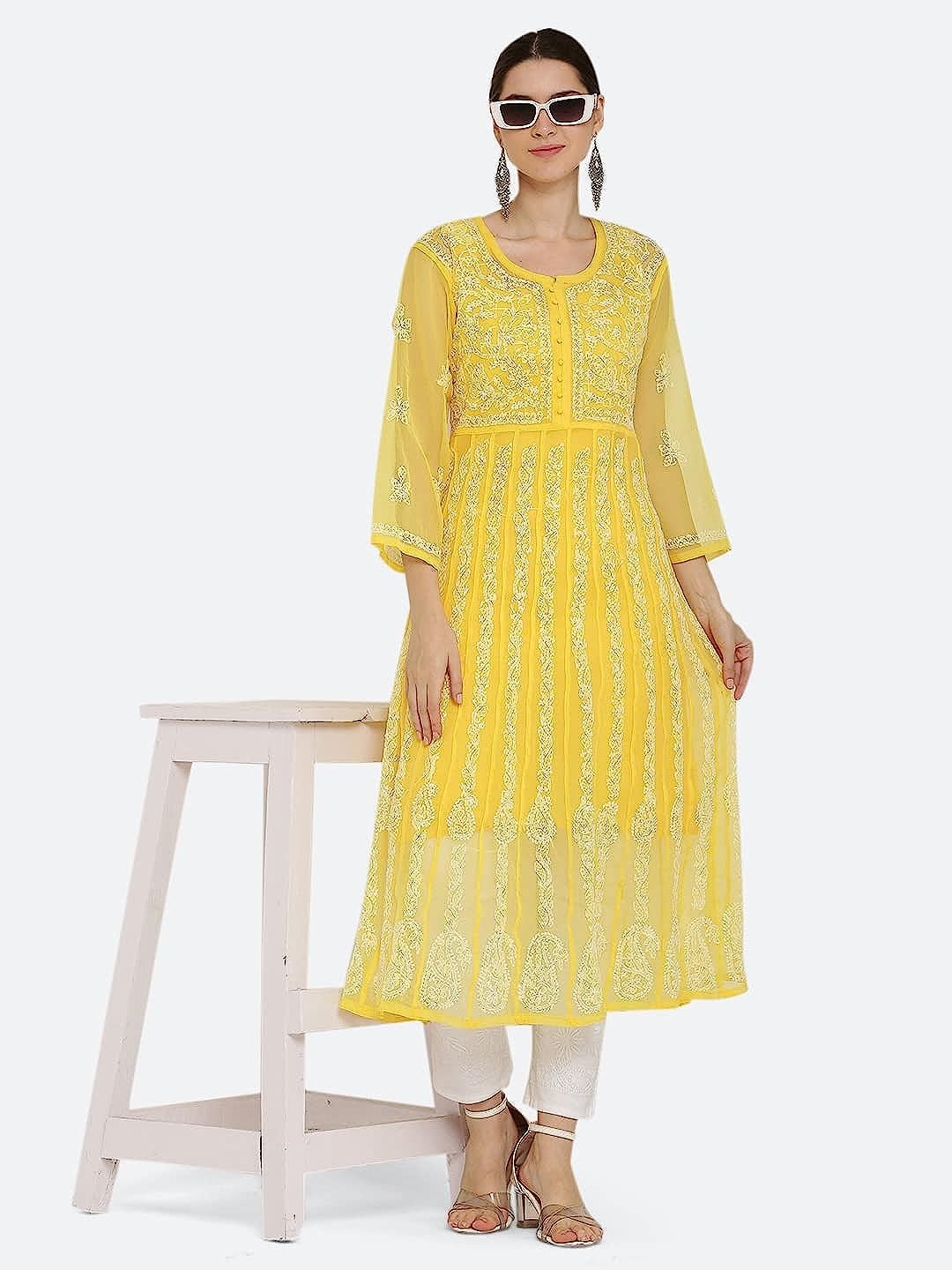 Yellow Gauhar Chiffon Georgette Chikankari Flared Anarkali Kurti with Cotton Stretchable Lycra Pant &amp; Matching Cotton Inner ( 3 Pcs Set)