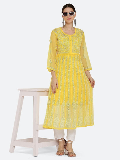Gauhar Chiffon Georgette Chikankari Flared Anarkali Kurti with Cotton Stretchable Lycra Pant & Matching Cotton Inner