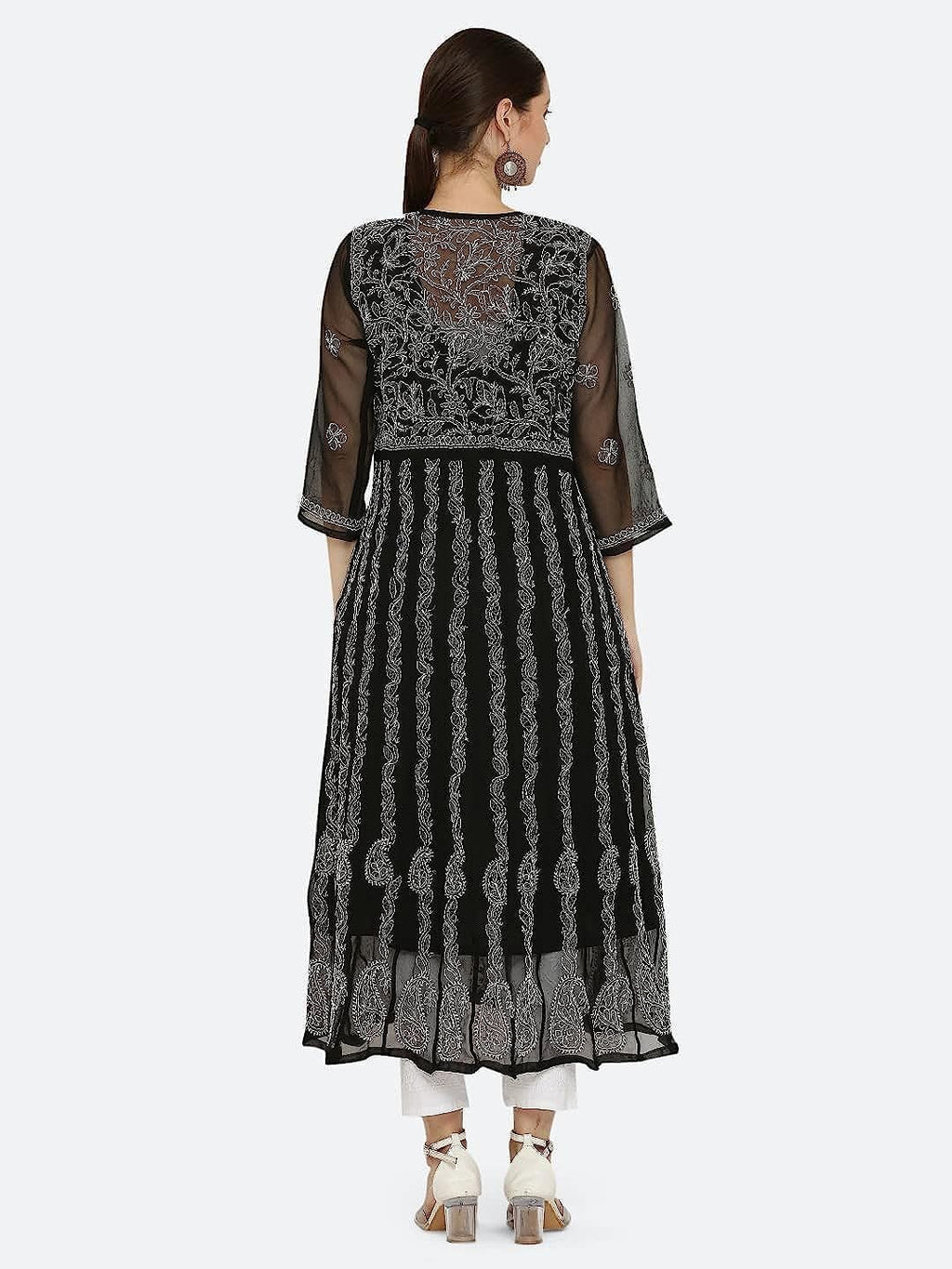 Black Gauhar Chiffon Georgette Chikankari Flared Anarkali Kurti with Cotton Stretchable Lycra Pant &amp; Matching Cotton Inner ( 3 Pcs Set)