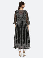 Black Gauhar Chiffon Georgette Chikankari Flared Anarkali Kurti with Cotton Stretchable Lycra Pant &amp; Matching Cotton Inner ( 3 Pcs Set)