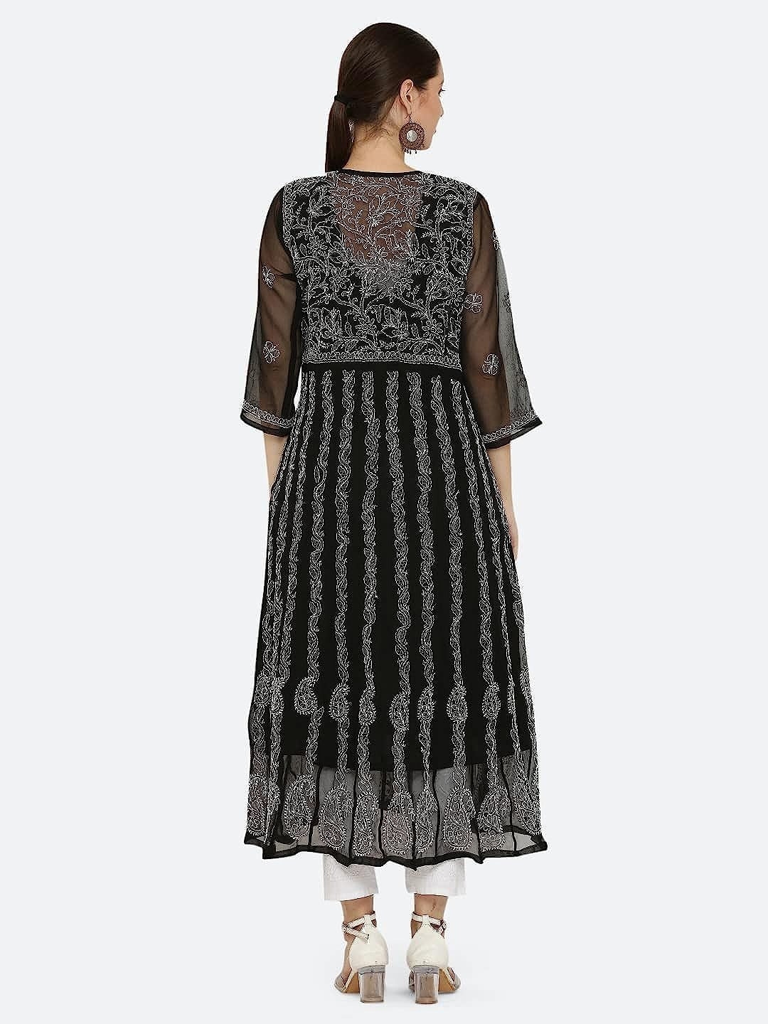 Black Gauhar Chiffon Georgette Chikankari Flared Anarkali Kurti with Cotton Stretchable Lycra Pant &amp; Matching Cotton Inner ( 3 Pcs Set)