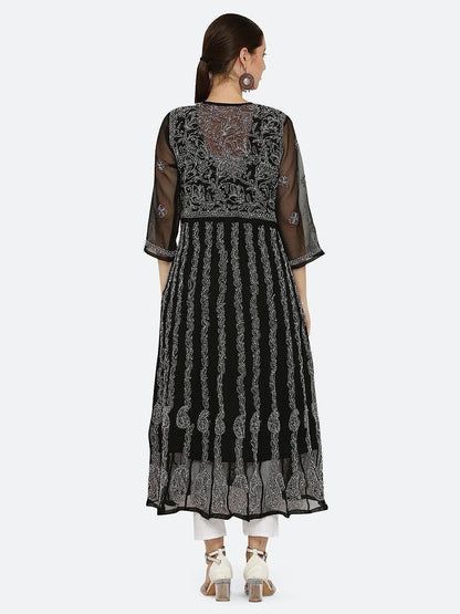 Gauhar Chiffon Georgette Chikankari Flared Anarkali Kurti with Cotton Stretchable Lycra Pant & Matching Cotton Inner