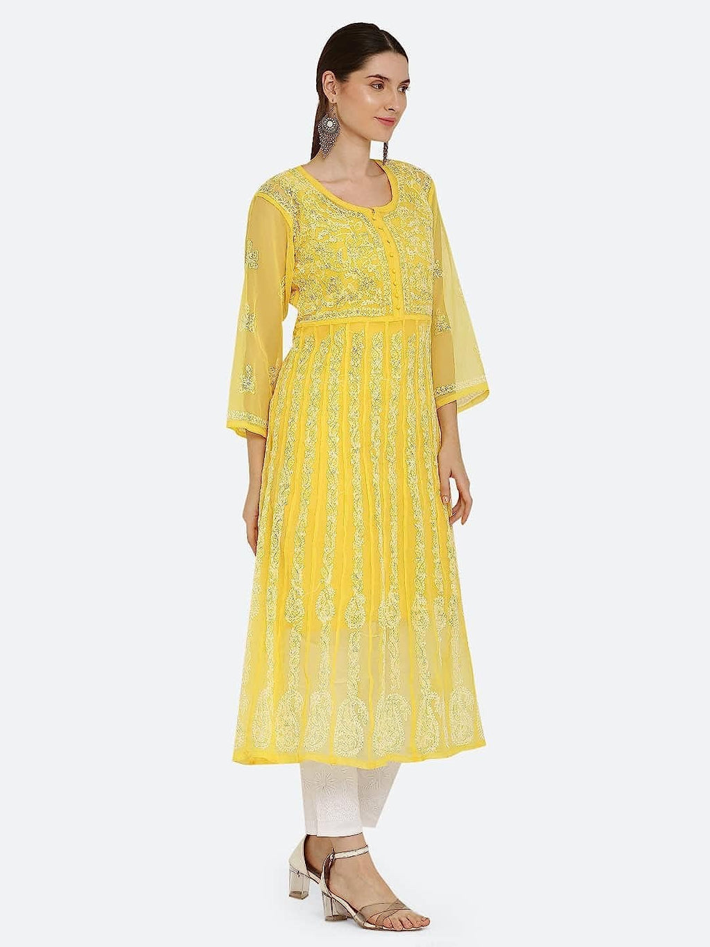 Yellow Gauhar Chiffon Georgette Chikankari Flared Anarkali Kurti with Cotton Stretchable Lycra Pant &amp; Matching Cotton Inner ( 3 Pcs Set)