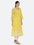Yellow Gauhar Chiffon Georgette Chikankari Flared Anarkali Kurti with Cotton Stretchable Lycra Pant &amp; Matching Cotton Inner ( 3 Pcs Set)