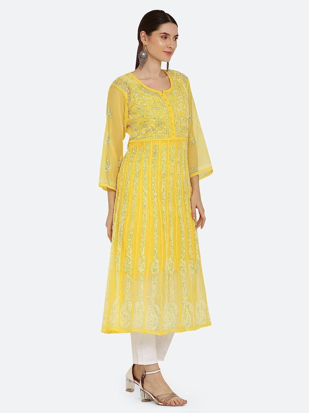 Yellow Gauhar Chiffon Georgette Chikankari Flared Anarkali Kurti with Cotton Stretchable Lycra Pant &amp; Matching Cotton Inner ( 3 Pcs Set)