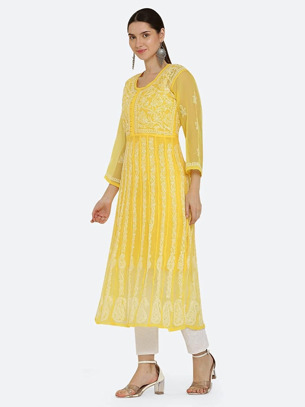 Yellow Gauhar Chiffon Georgette Chikankari Flared Anarkali Kurti with Cotton Stretchable Lycra Pant &amp; Matching Cotton Inner ( 3 Pcs Set)