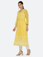 Yellow Gauhar Chiffon Georgette Chikankari Flared Anarkali Kurti with Cotton Stretchable Lycra Pant &amp; Matching Cotton Inner ( 3 Pcs Set)