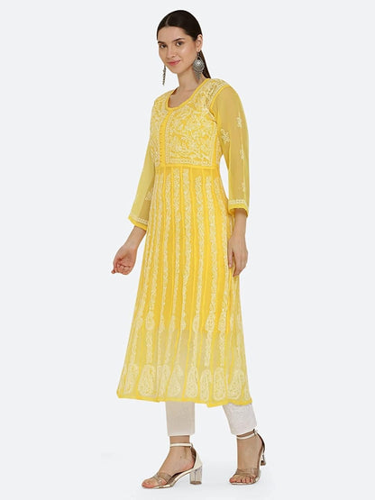 Gauhar Chiffon Georgette Chikankari Flared Anarkali Kurti with Cotton Stretchable Lycra Pant & Matching Cotton Inner