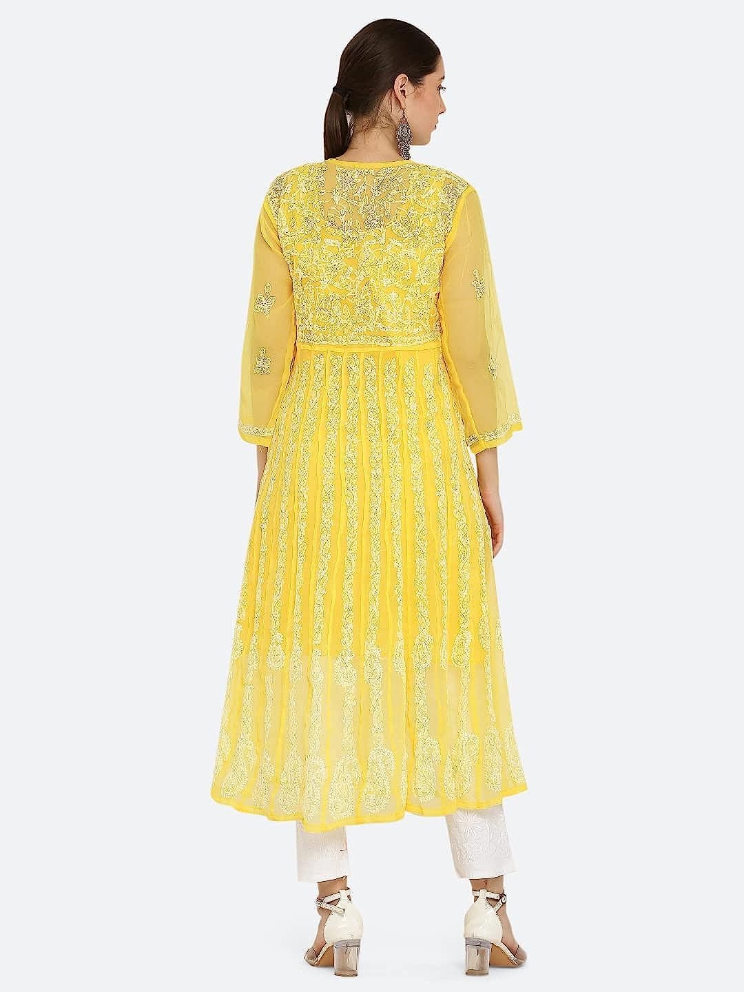 Yellow Gauhar Chiffon Georgette Chikankari Flared Anarkali Kurti with Cotton Stretchable Lycra Pant &amp; Matching Cotton Inner ( 3 Pcs Set)