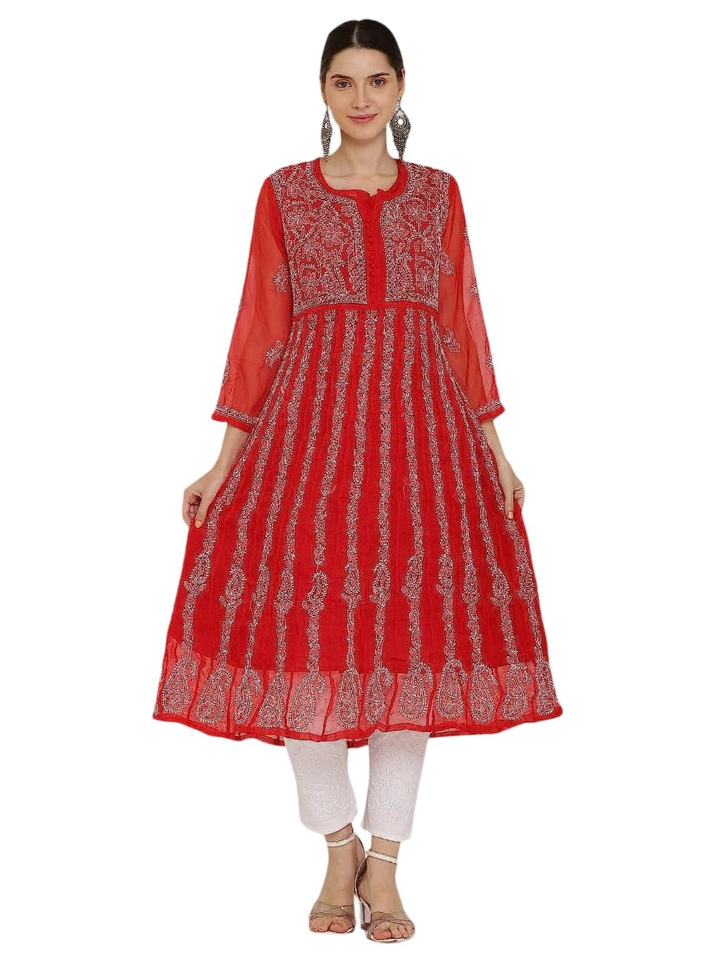 Red Gauhar Chiffon Georgette Chikankari Flared Anarkali Kurti with Cotton Stretchable Lycra Pant &amp; Matching Cotton Inner ( 3 Pcs Set)