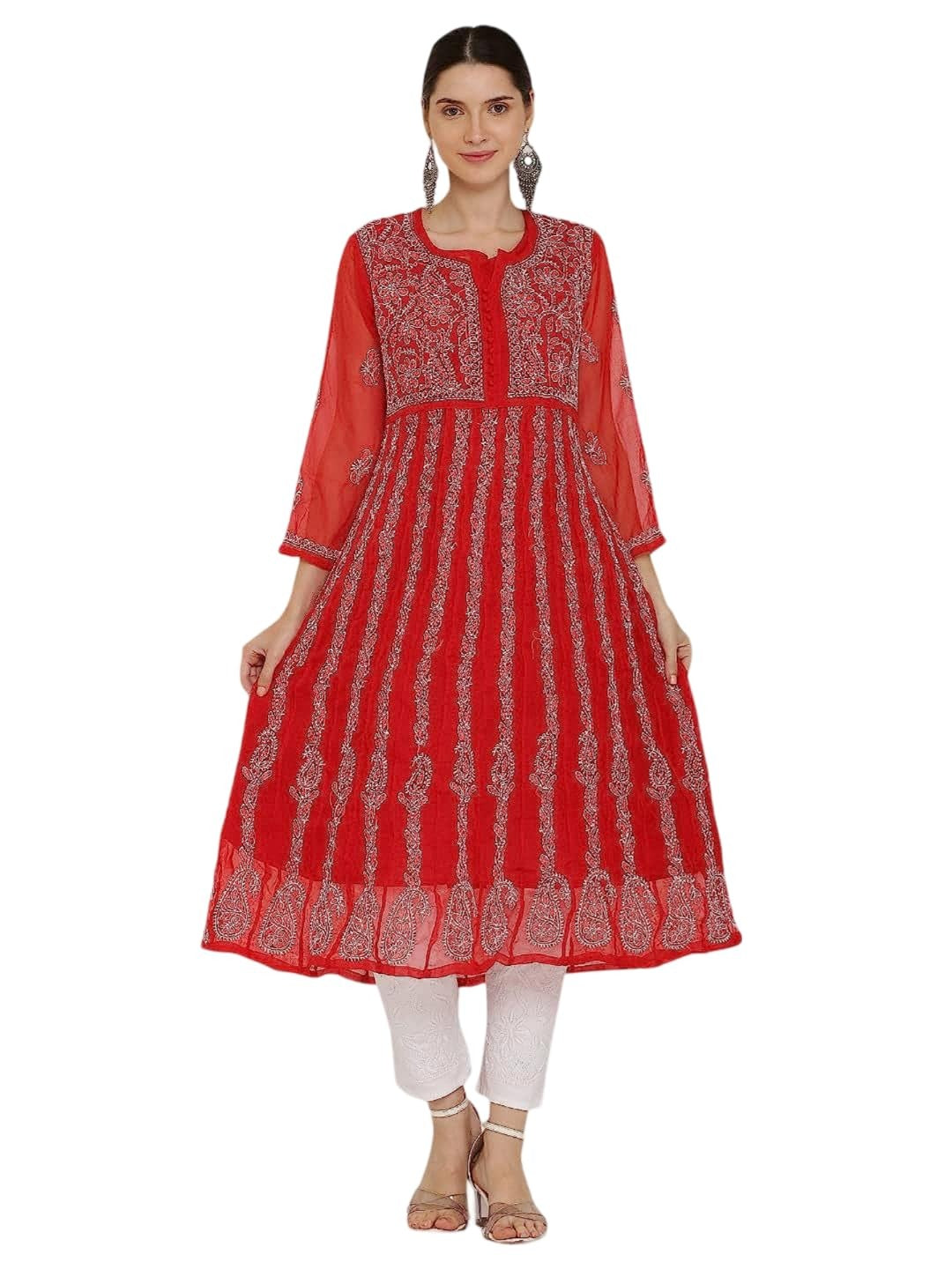 Red Gauhar Chiffon Georgette Chikankari Flared Anarkali Kurti with Cotton Stretchable Lycra Pant &amp; Matching Cotton Inner ( 3 Pcs Set)