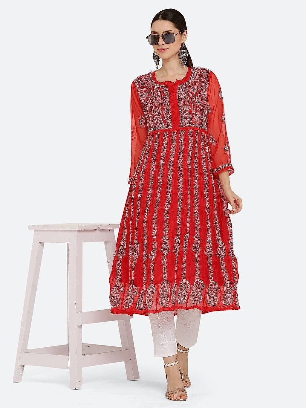 Red Gauhar Chiffon Georgette Chikankari Flared Anarkali Kurti with Cotton Stretchable Lycra Pant &amp; Matching Cotton Inner ( 3 Pcs Set)