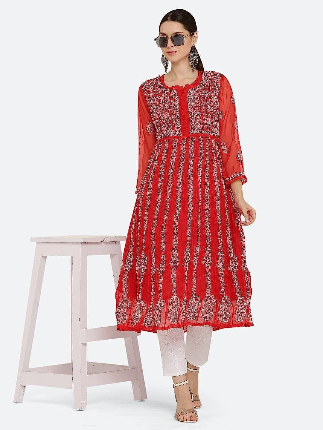 Red Gauhar Chiffon Georgette Chikankari Flared Anarkali Kurti with Cotton Stretchable Lycra Pant &amp; Matching Cotton Inner ( 3 Pcs Set)