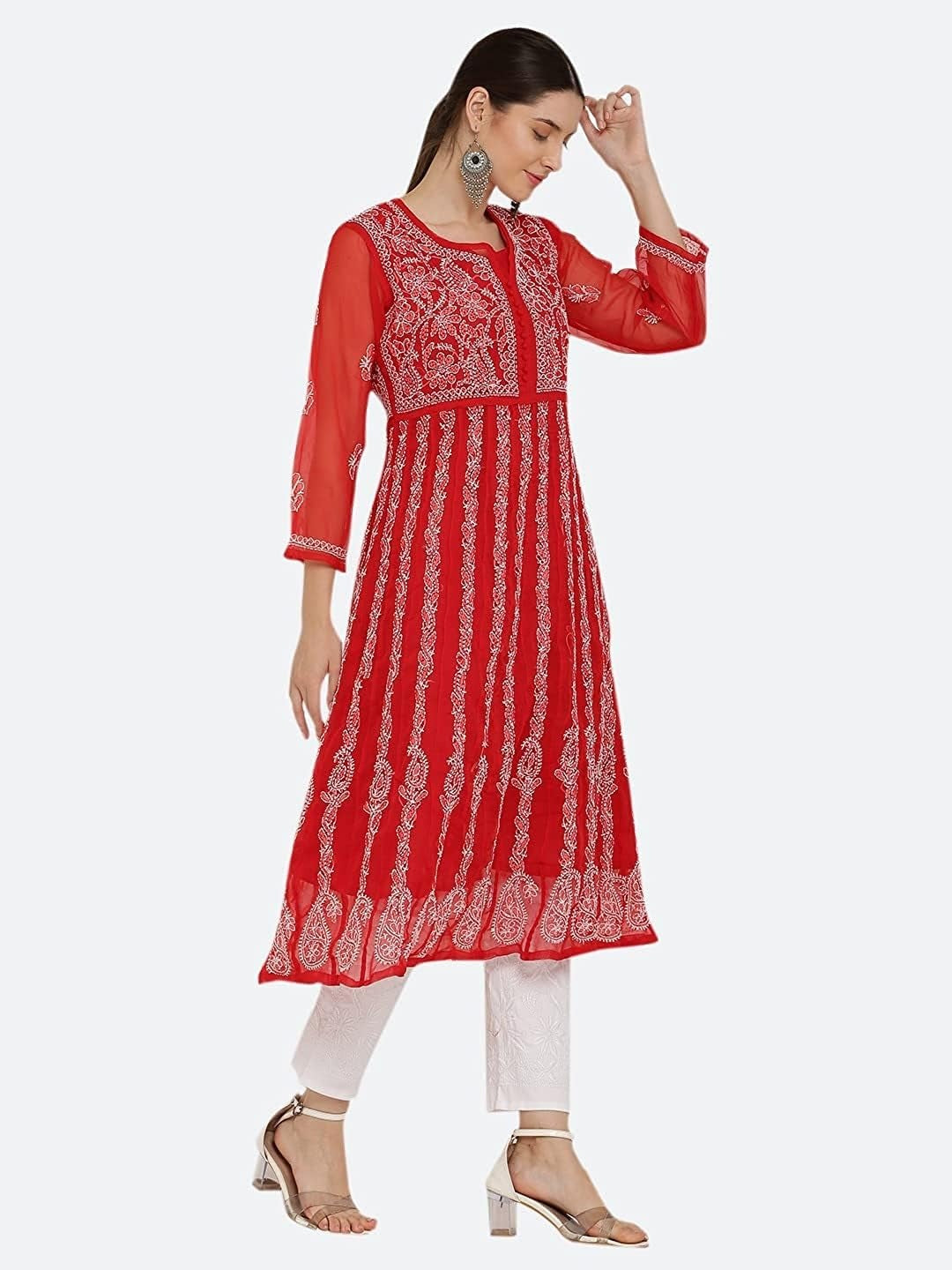 Red Gauhar Chiffon Georgette Chikankari Flared Anarkali Kurti with Cotton Stretchable Lycra Pant &amp; Matching Cotton Inner ( 3 Pcs Set)
