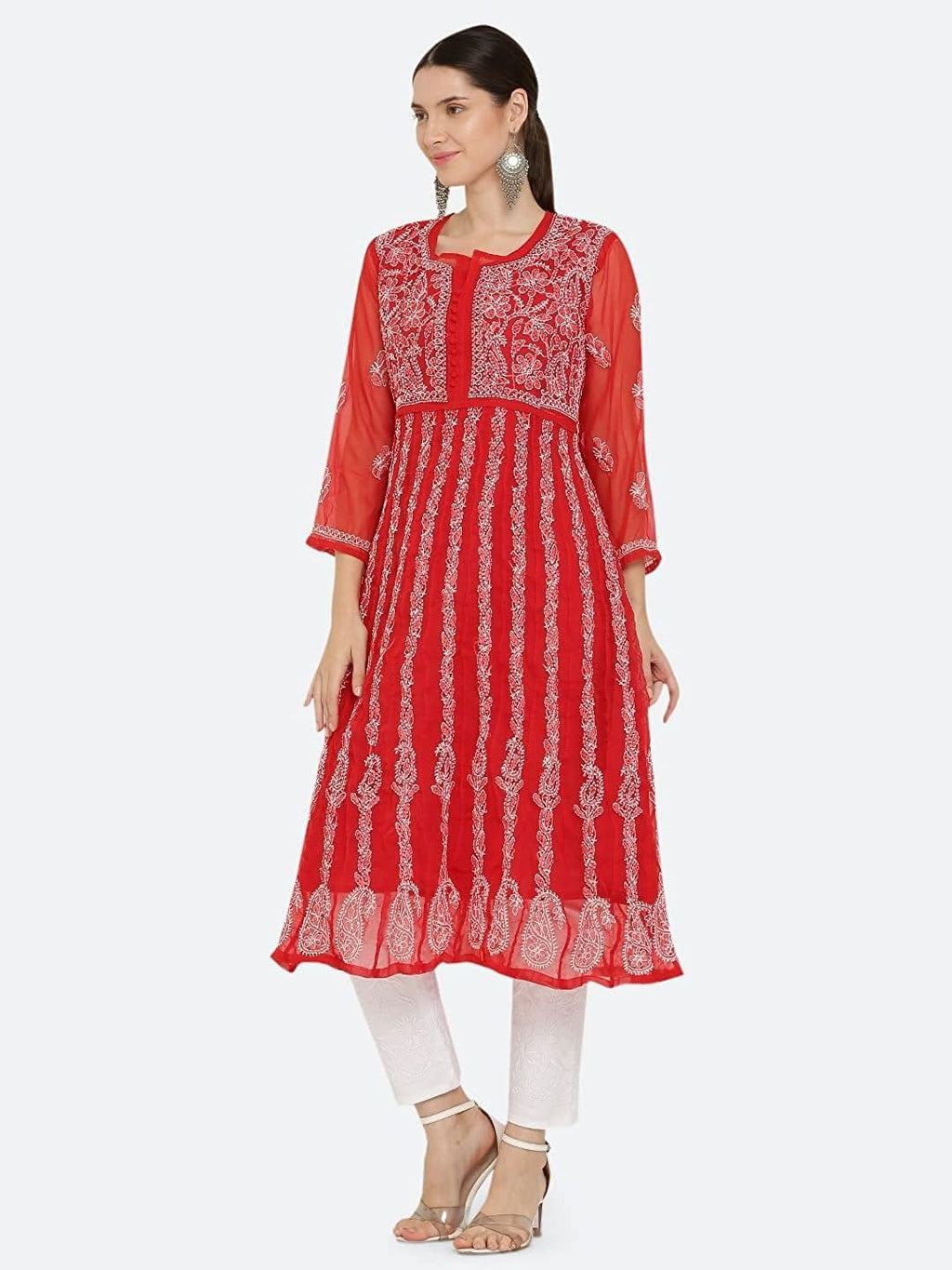 Red Gauhar Chiffon Georgette Chikankari Flared Anarkali Kurti with Cotton Stretchable Lycra Pant &amp; Matching Cotton Inner ( 3 Pcs Set)