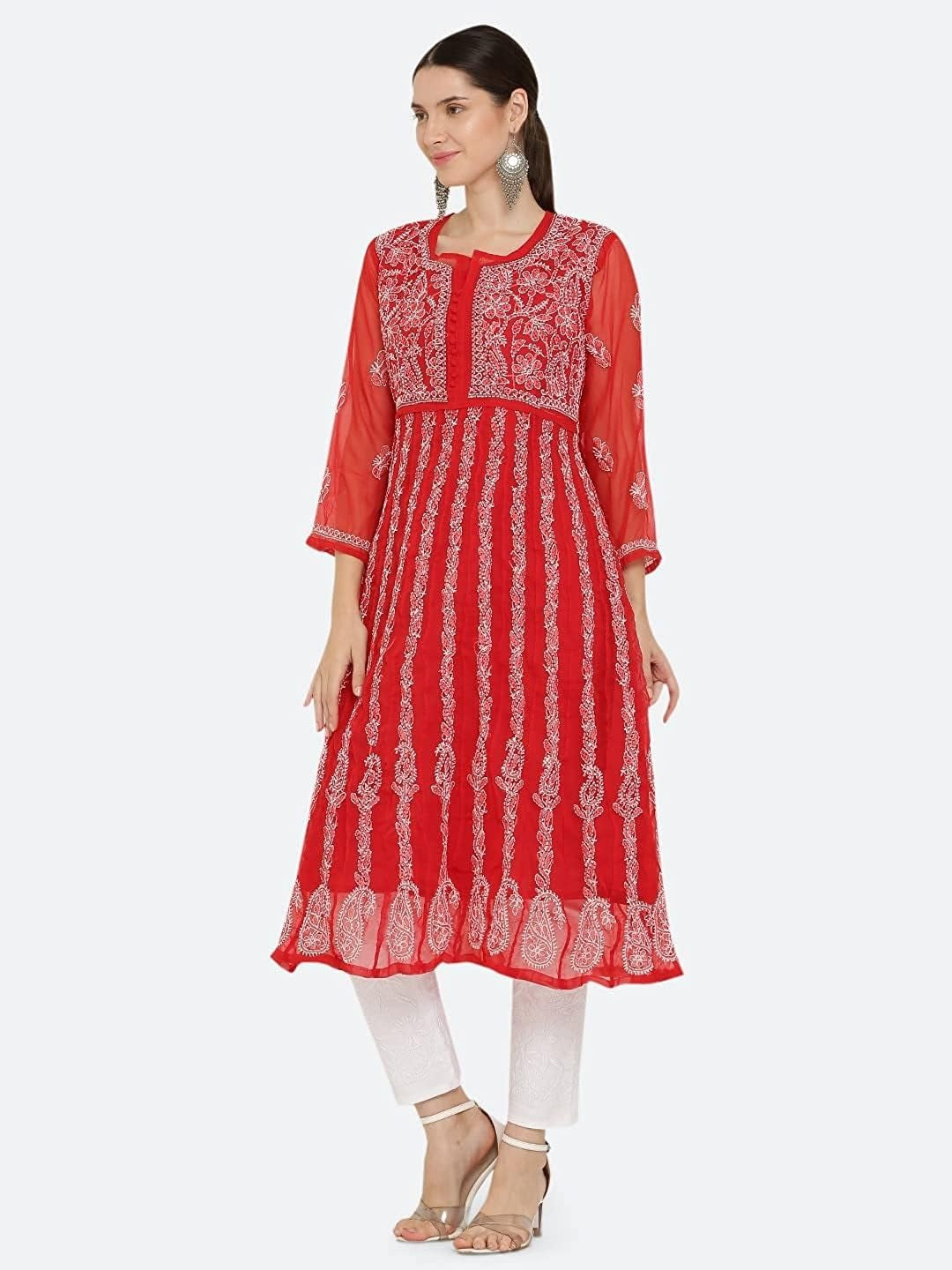 Red Gauhar Chiffon Georgette Chikankari Flared Anarkali Kurti with Cotton Stretchable Lycra Pant &amp; Matching Cotton Inner ( 3 Pcs Set)