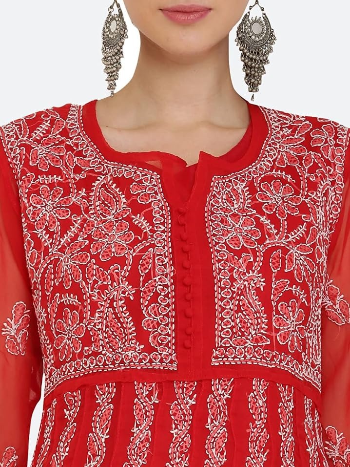 Red Gauhar Chiffon Georgette Chikankari Flared Anarkali Kurti with Cotton Stretchable Lycra Pant &amp; Matching Cotton Inner ( 3 Pcs Set)