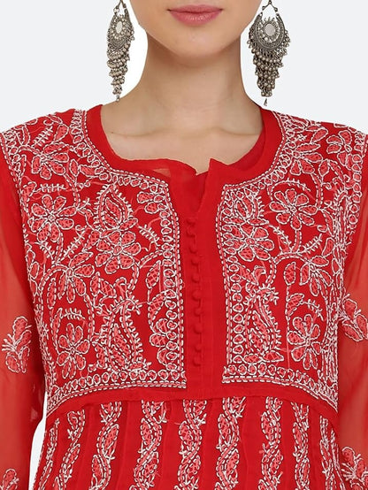 Gauhar Chiffon Georgette Chikankari Flared Anarkali Kurti with Cotton Stretchable Lycra Pant & Matching Cotton Inner