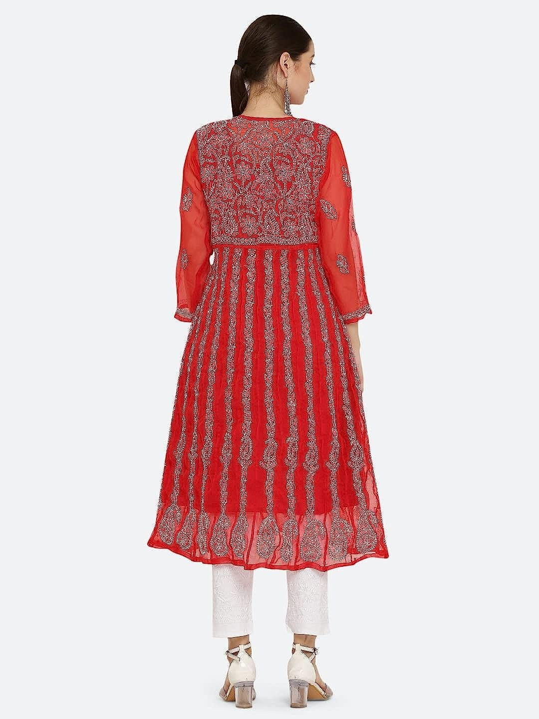 Red Gauhar Chiffon Georgette Chikankari Flared Anarkali Kurti with Cotton Stretchable Lycra Pant &amp; Matching Cotton Inner ( 3 Pcs Set)
