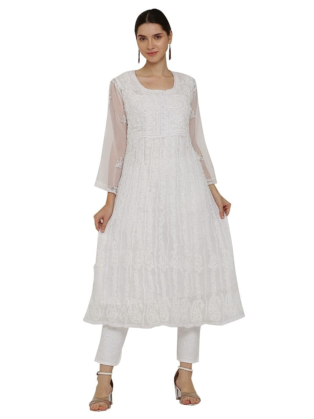White Gauhar Chiffon Georgette Chikankari Flared Anarkali Kurti with Cotton Stretchable Lycra Pant &amp; Matching Cotton Inner ( 3 Pcs Set)