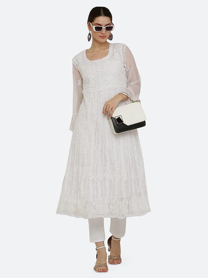 Gauhar Chiffon Georgette Chikankari Flared Anarkali Kurti with Cotton Stretchable Lycra Pant & Matching Cotton Inner