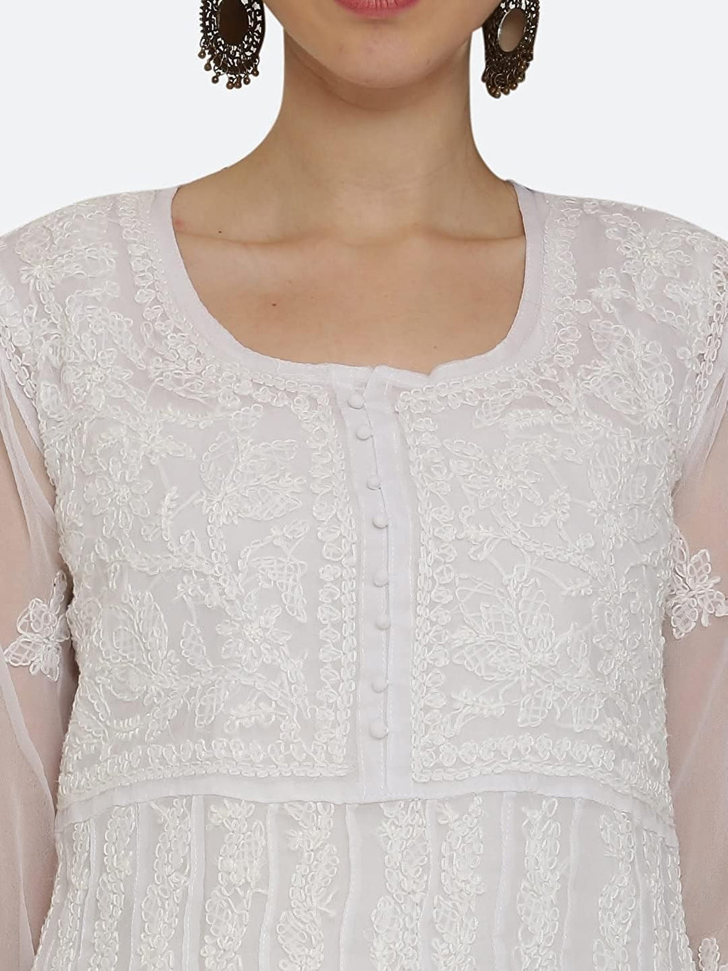 White Gauhar Chiffon Georgette Chikankari Flared Anarkali Kurti with Cotton Stretchable Lycra Pant &amp; Matching Cotton Inner ( 3 Pcs Set)