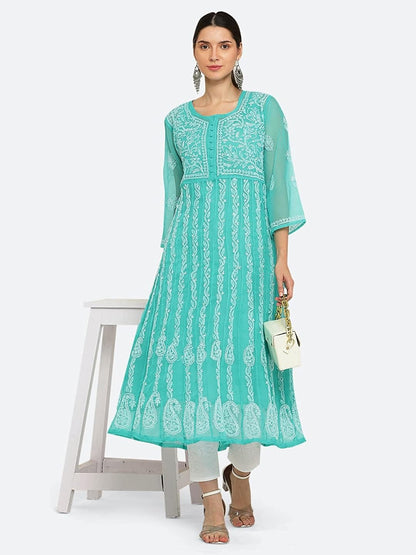 Gauhar Chiffon Georgette Chikankari Flared Anarkali Kurti with Cotton Stretchable Lycra Pant & Matching Cotton Inner