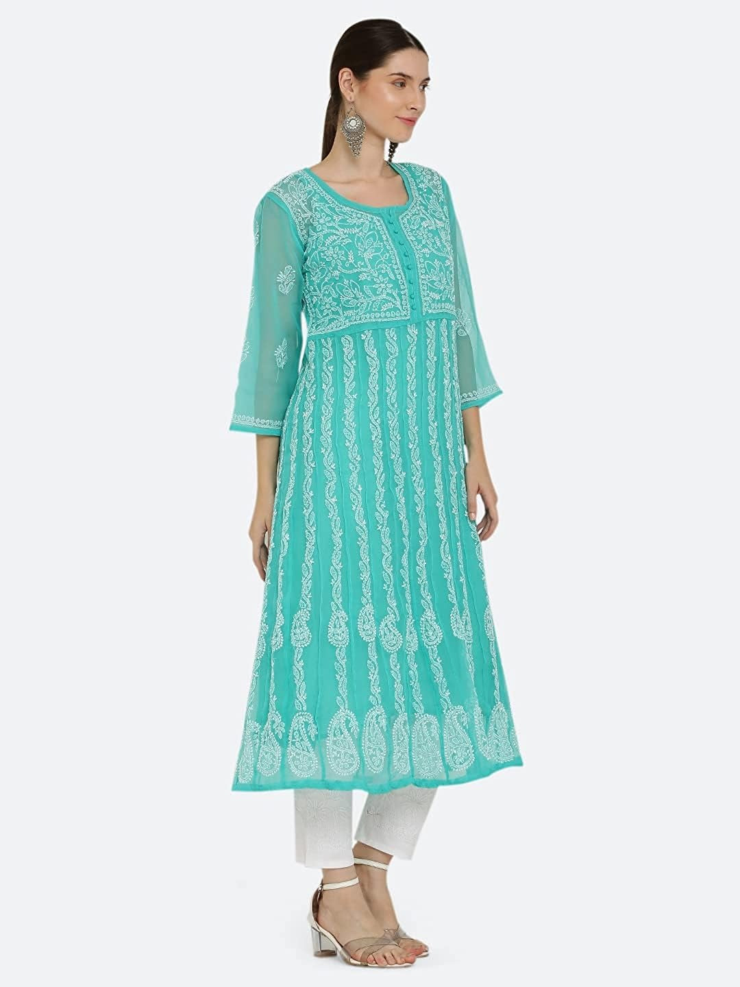 Rama Green Gauhar Chiffon Georgette Chikankari Flared Anarkali Kurti with Cotton Stretchable Lycra Pant &amp; Matching Cotton Inner ( 3 Pcs Set)