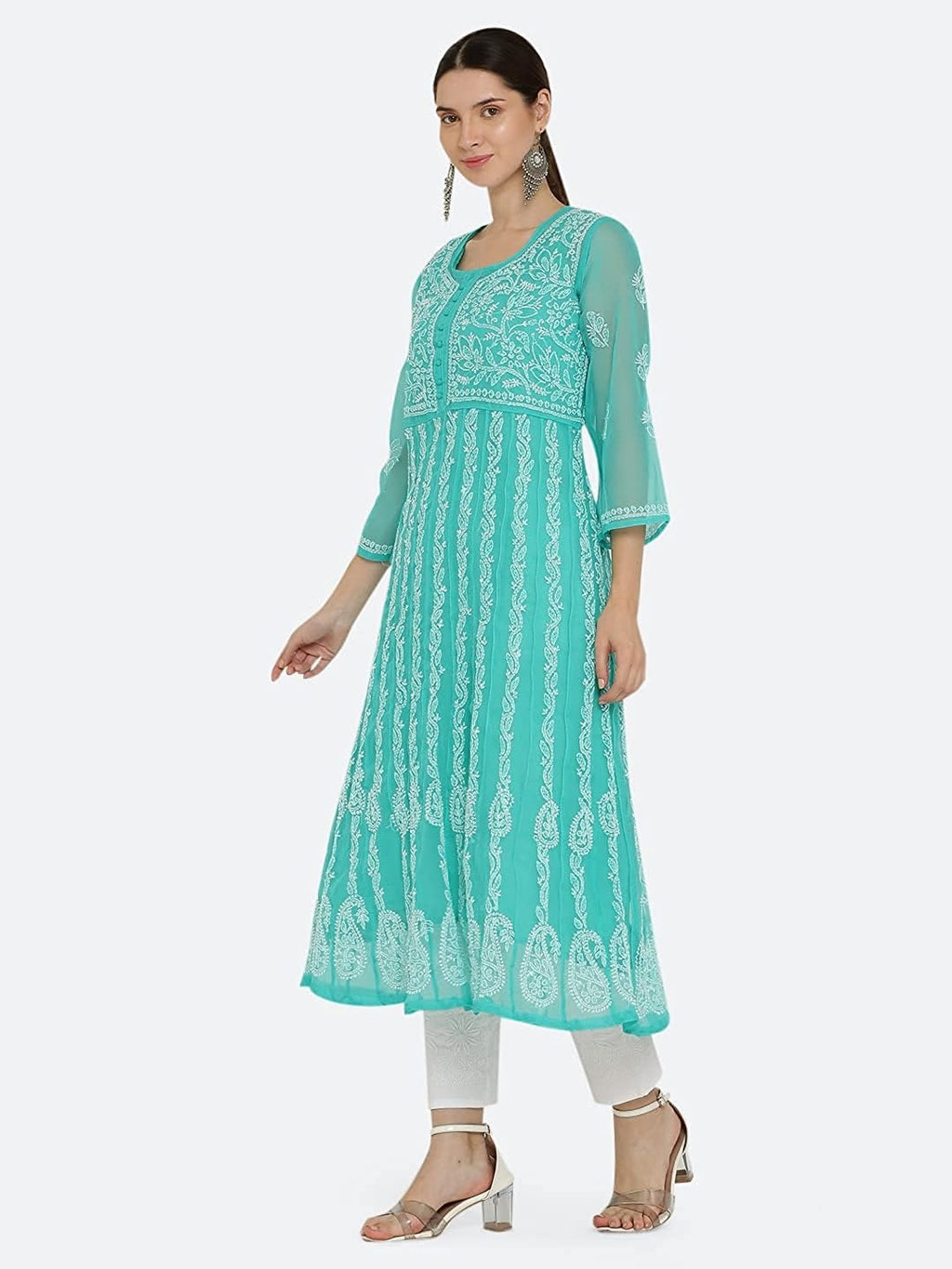 Rama Green Gauhar Chiffon Georgette Chikankari Flared Anarkali Kurti with Cotton Stretchable Lycra Pant &amp; Matching Cotton Inner ( 3 Pcs Set)