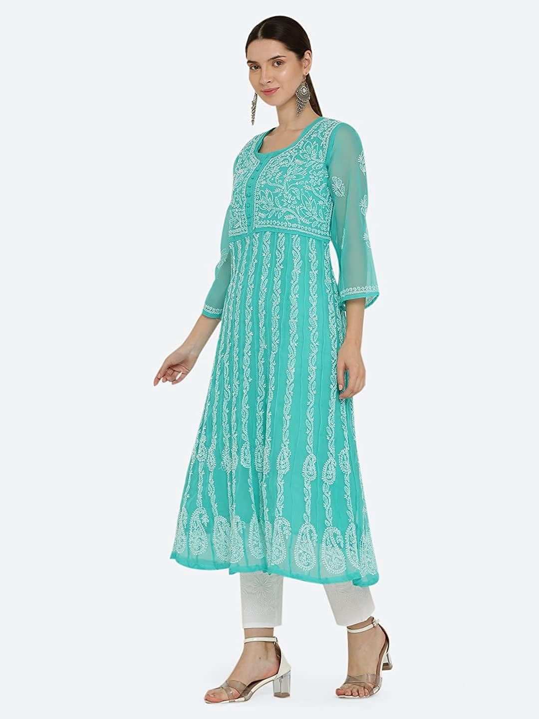 Rama Green Gauhar Chiffon Georgette Chikankari Flared Anarkali Kurti with Cotton Stretchable Lycra Pant &amp; Matching Cotton Inner ( 3 Pcs Set)