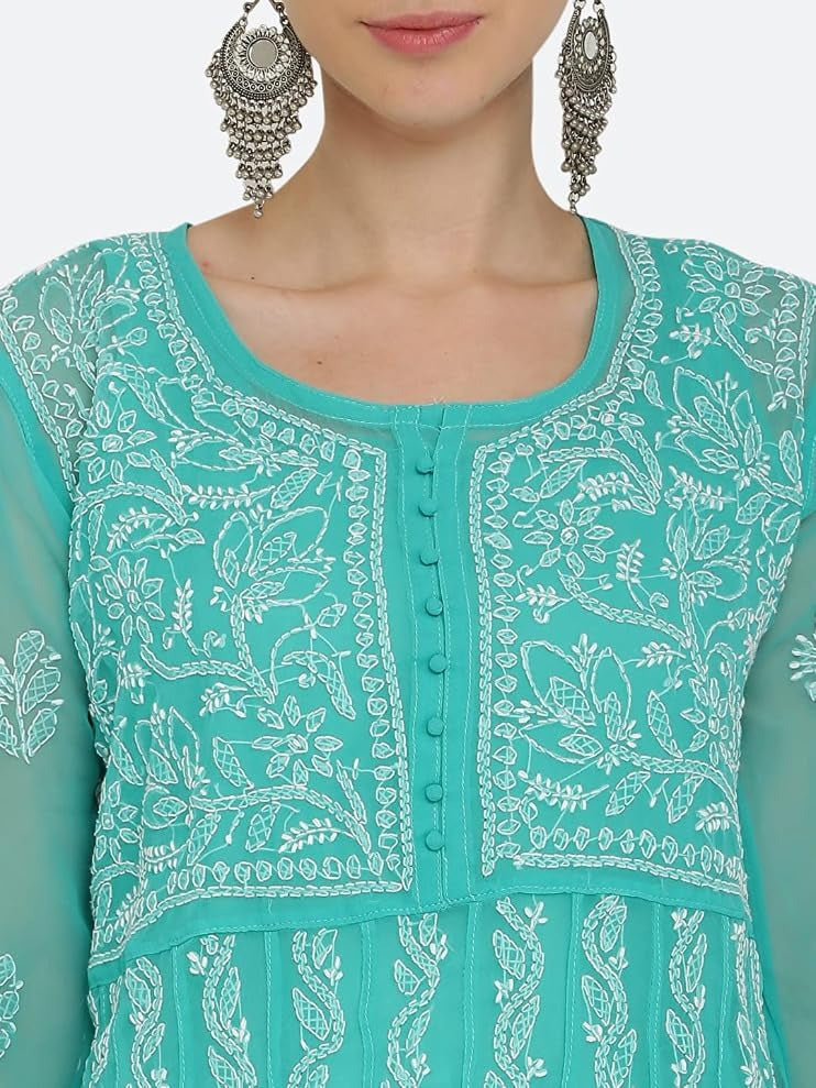 Rama Green Gauhar Chiffon Georgette Chikankari Flared Anarkali Kurti with Cotton Stretchable Lycra Pant &amp; Matching Cotton Inner ( 3 Pcs Set)
