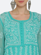 Rama Green Gauhar Chiffon Georgette Chikankari Flared Anarkali Kurti with Cotton Stretchable Lycra Pant &amp; Matching Cotton Inner ( 3 Pcs Set)