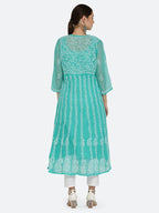 Rama Green Gauhar Chiffon Georgette Chikankari Flared Anarkali Kurti with Cotton Stretchable Lycra Pant &amp; Matching Cotton Inner ( 3 Pcs Set)