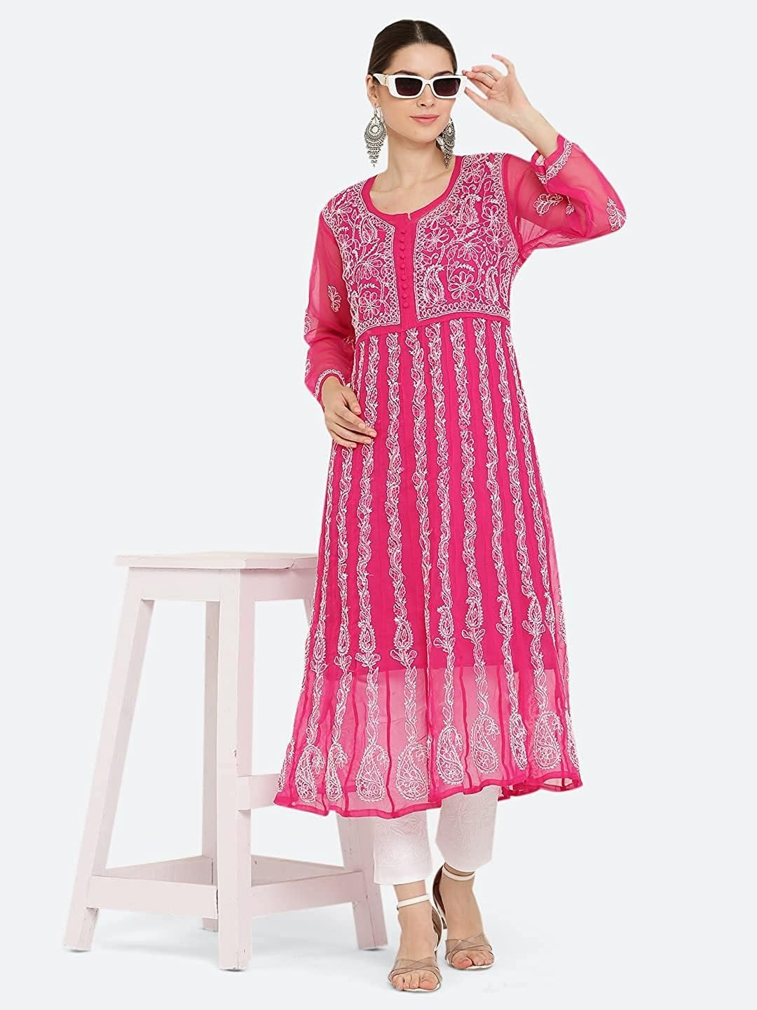 Magenta Gauhar Chiffon Georgette Chikankari Flared Anarkali Kurti with Cotton Stretchable Lycra Pant &amp; Matching Cotton Inner ( 3 Pcs Set)