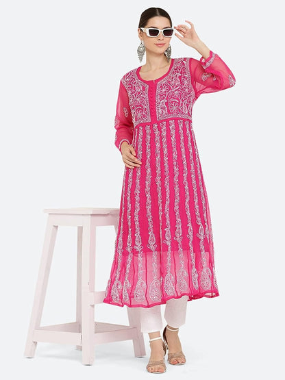 Gauhar Chiffon Georgette Chikankari Flared Anarkali Kurti with Cotton Stretchable Lycra Pant & Matching Cotton Inner