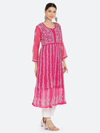 Magenta Gauhar Chiffon Georgette Chikankari Flared Anarkali Kurti with Cotton Stretchable Lycra Pant &amp; Matching Cotton Inner ( 3 Pcs Set)