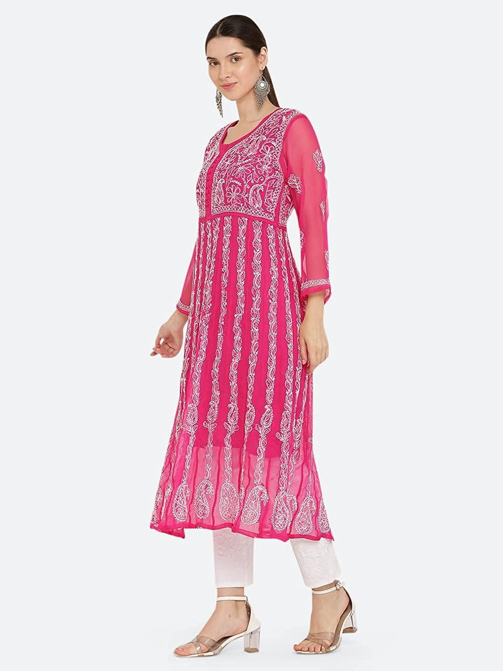 Magenta Gauhar Chiffon Georgette Chikankari Flared Anarkali Kurti with Cotton Stretchable Lycra Pant &amp; Matching Cotton Inner ( 3 Pcs Set)