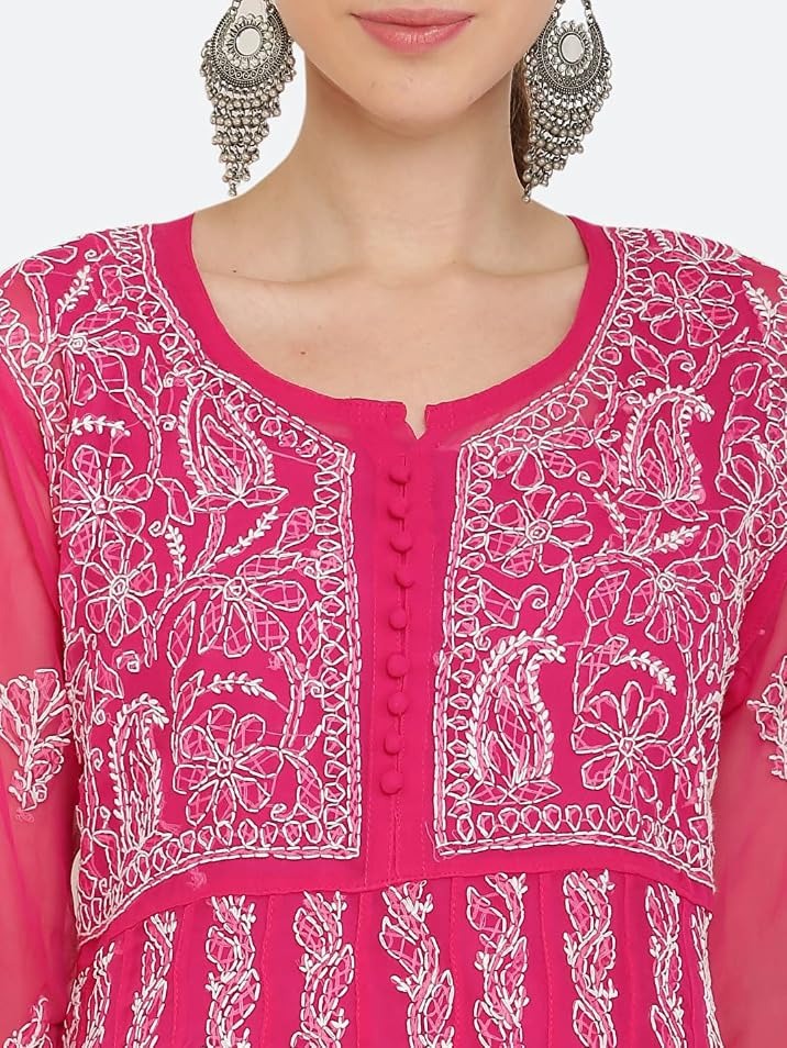 Magenta Gauhar Chiffon Georgette Chikankari Flared Anarkali Kurti with Cotton Stretchable Lycra Pant &amp; Matching Cotton Inner ( 3 Pcs Set)