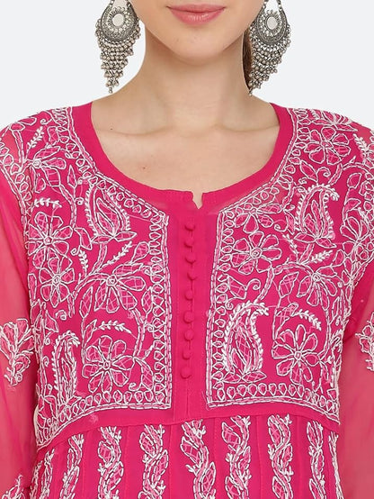Gauhar Chiffon Georgette Chikankari Flared Anarkali Kurti with Cotton Stretchable Lycra Pant & Matching Cotton Inner