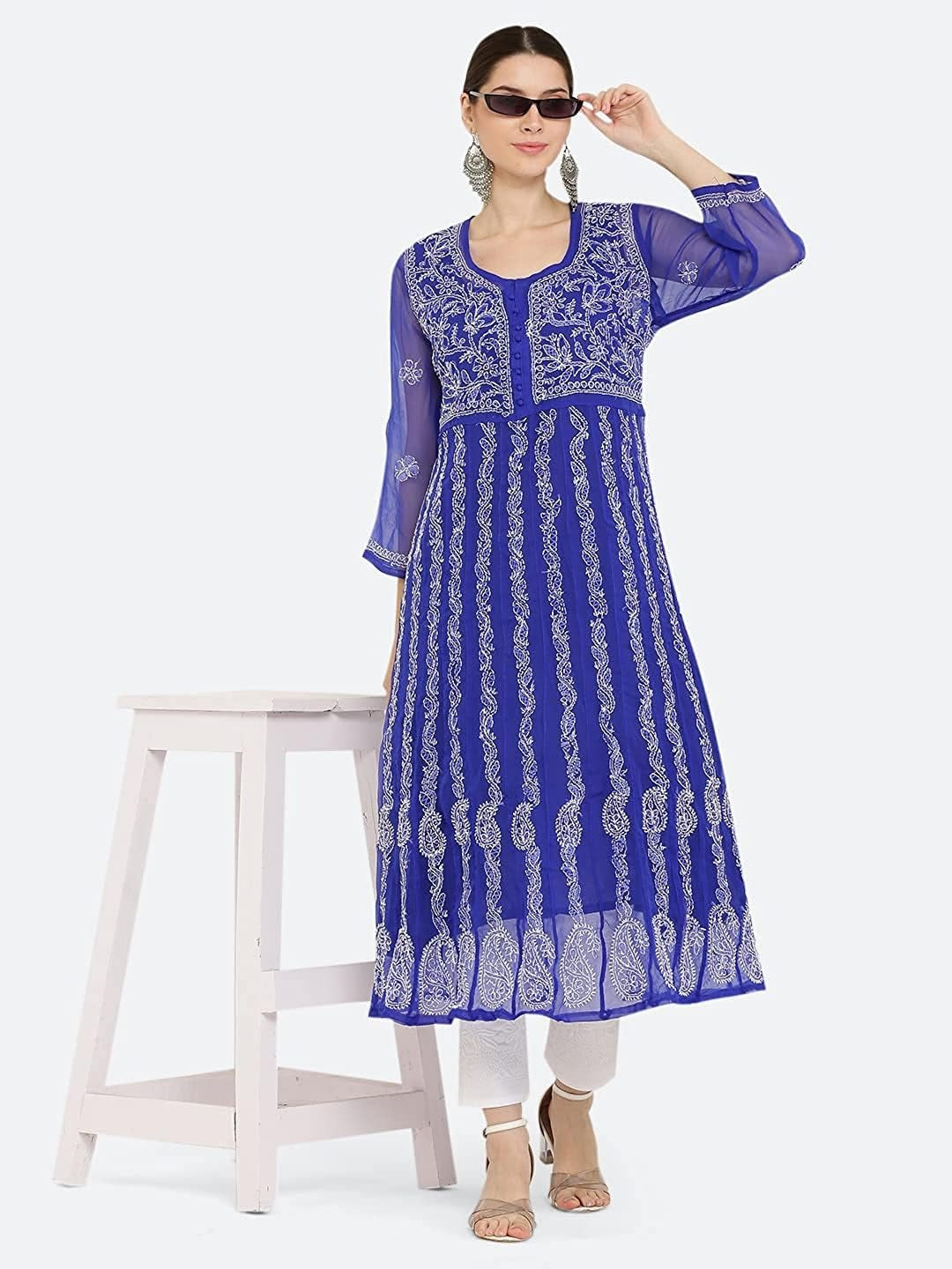 Royal Blue Gauhar Chiffon Georgette Chikankari Flared Anarkali Kurti with Cotton Stretchable Lycra Pant &amp; Matching Cotton Inner ( 3 Pcs Set)